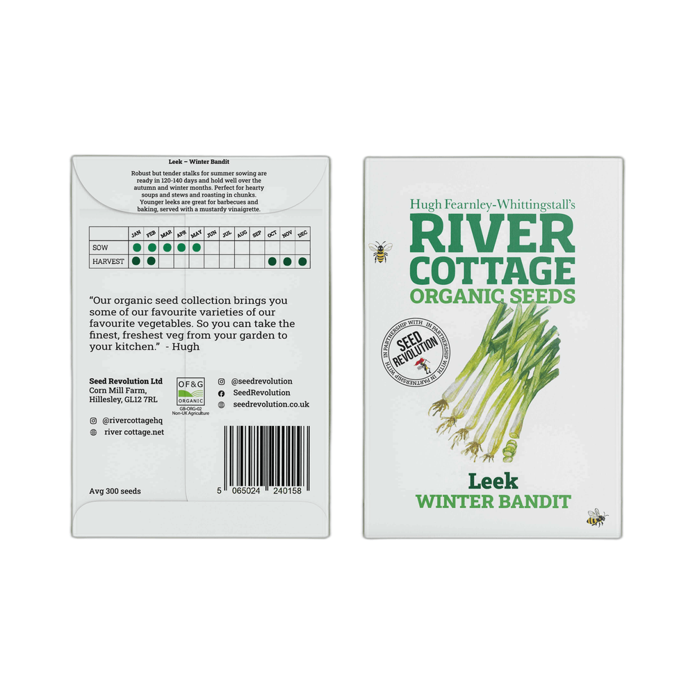 River Cottage Organic Seeds packaging for Leek Winter Bandit on a white background