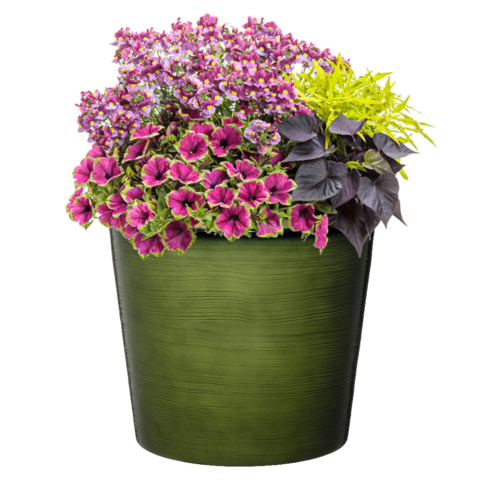 Green pot with a colorful mix of flowers on a white background