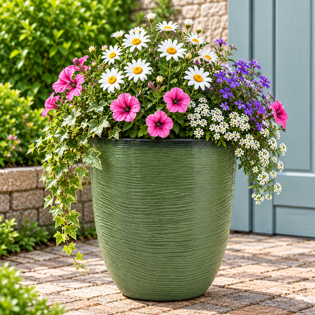 Light green pot with flowers inside