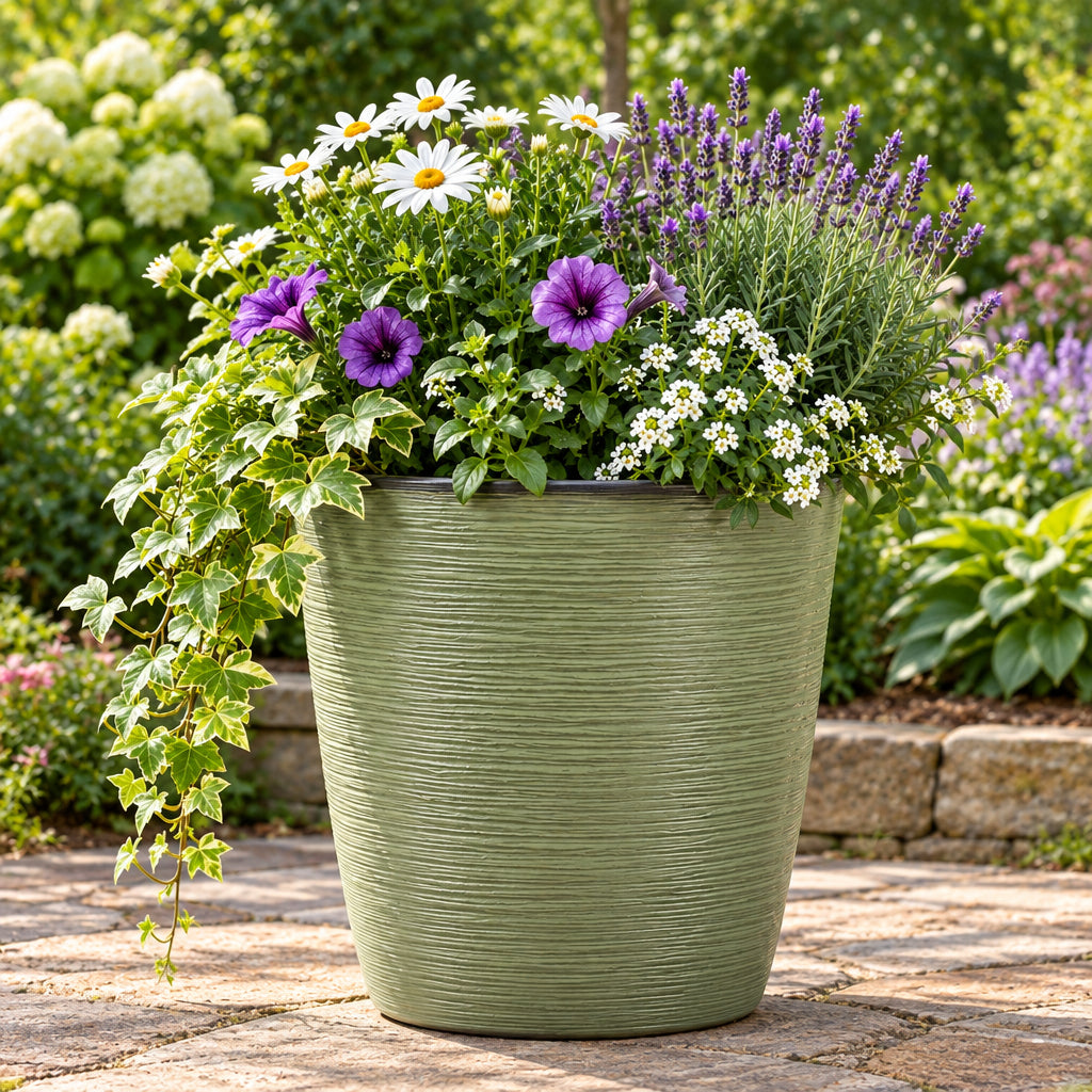 Light green pot with flowers outside