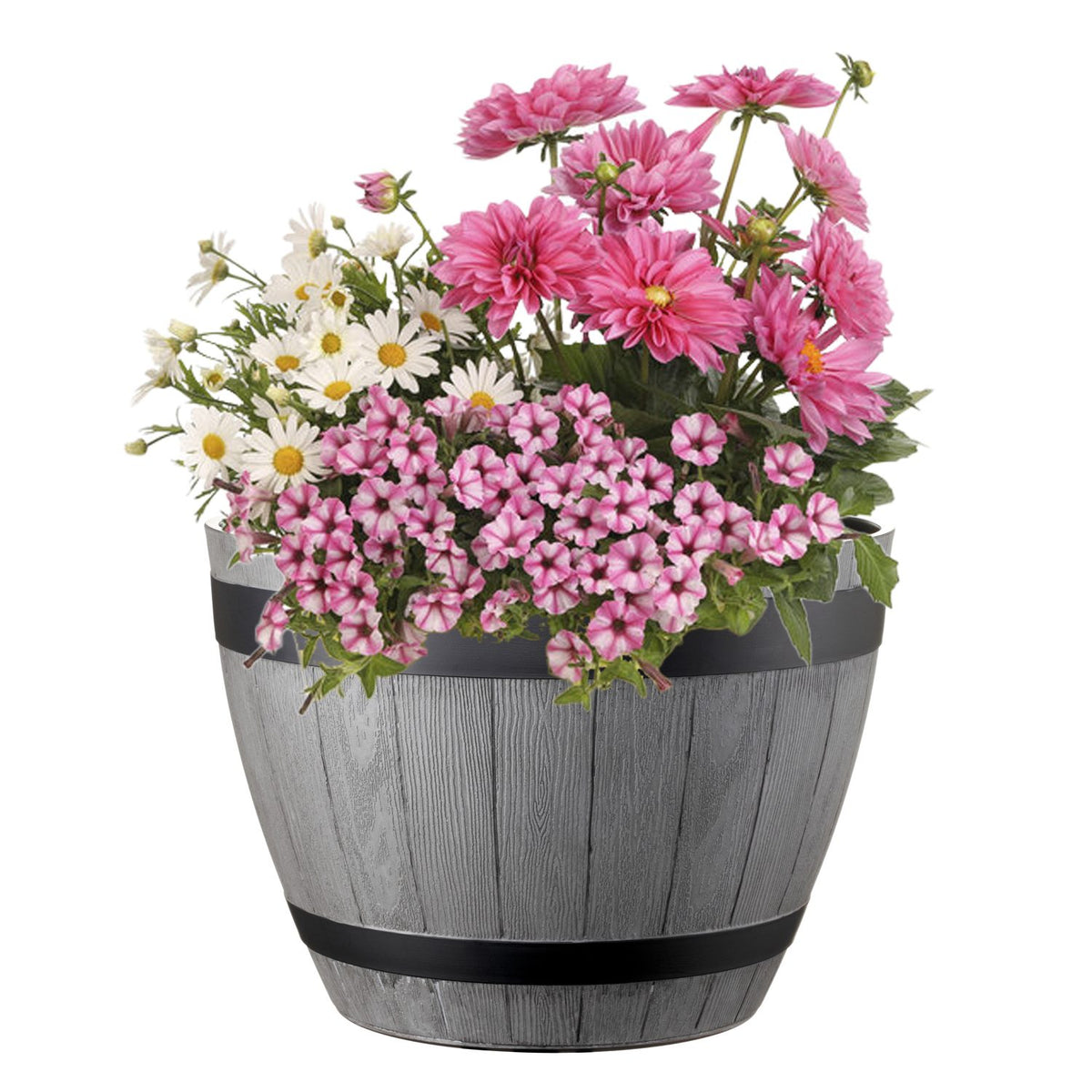 A faux wood barrel planter filled with pink and white flowers, shown against a solid white background.