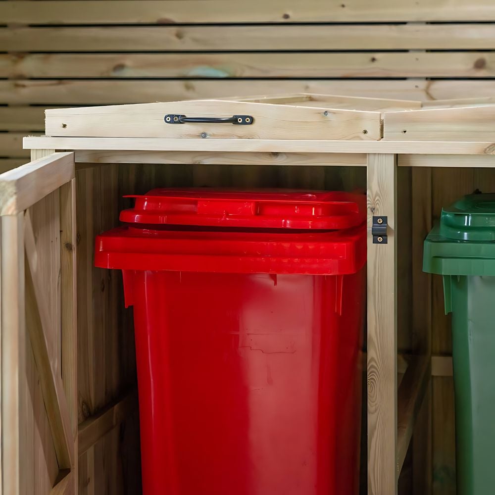 left side open doored storage showing both wheelie bins