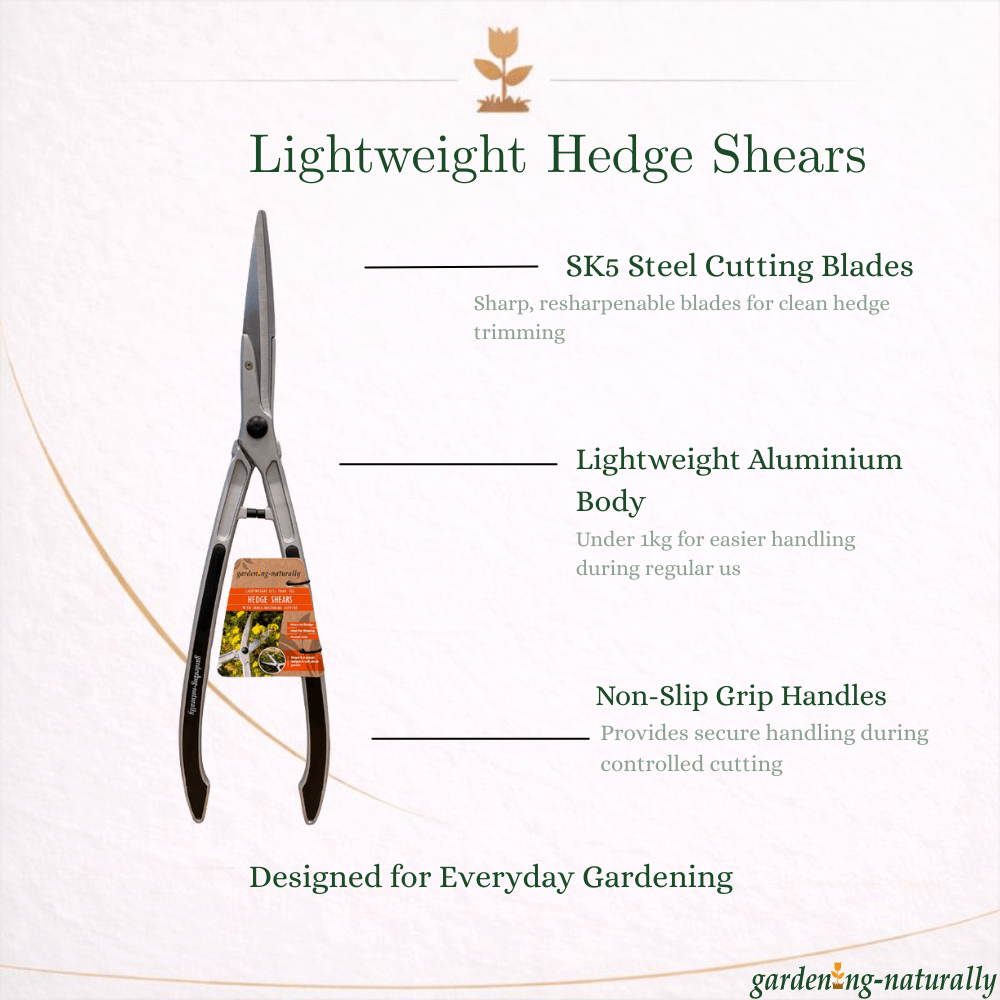 Lightweight hedge shears with features highlighted on a white background