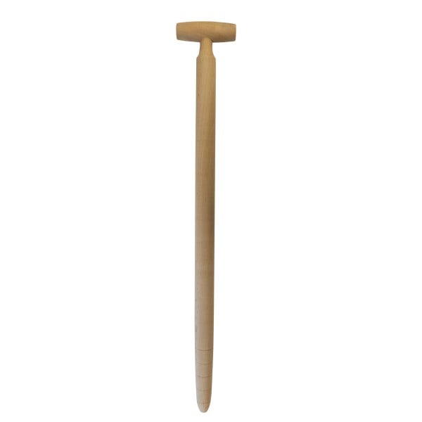 A long handled wooden dibber with inch markings for measuring hole depth.