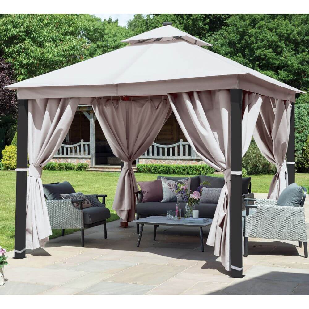 Luxury gazebo with LED lights and curtains with furniture in garden