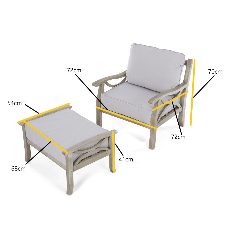 white garden chair and footstall with measurements