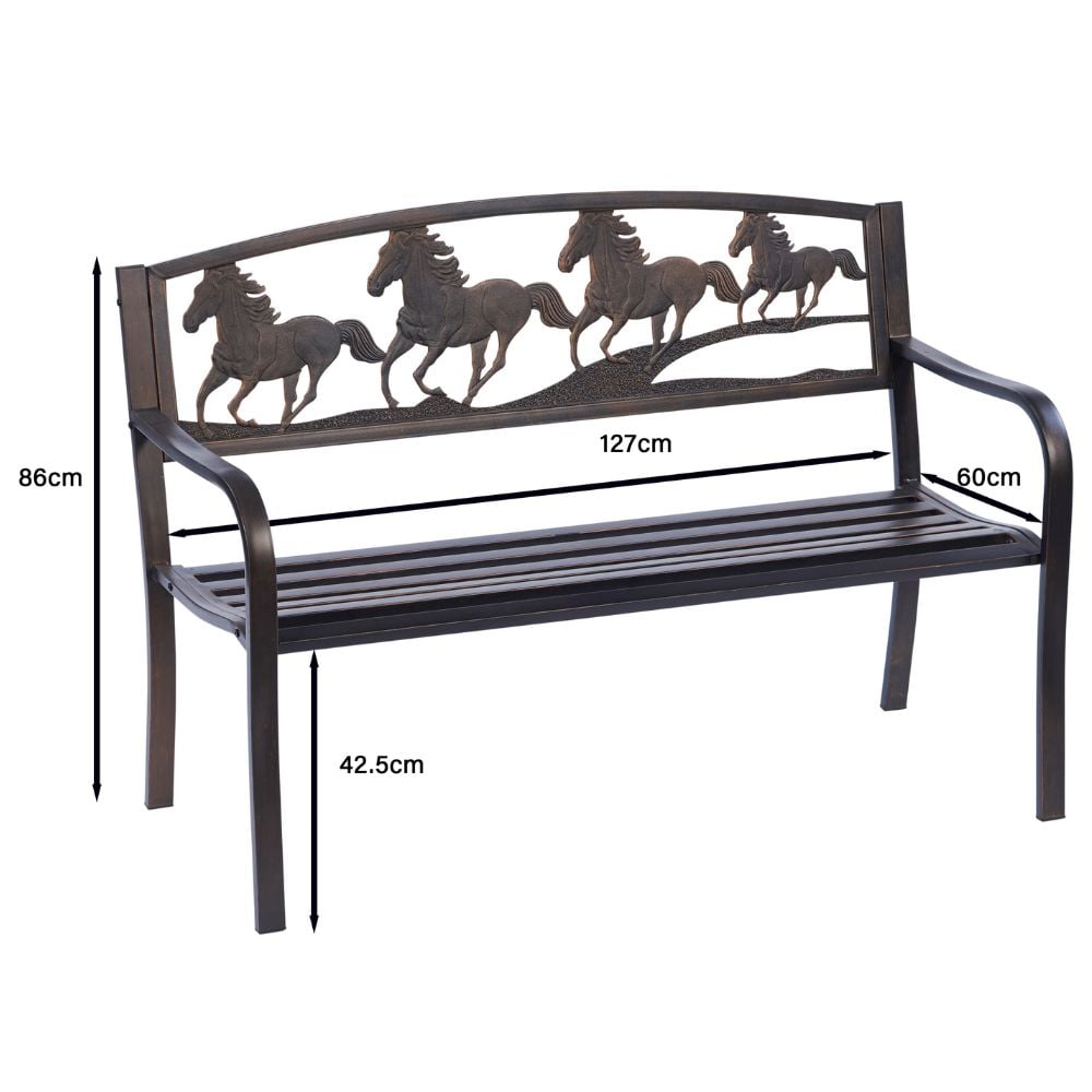 garden seat metal with horses showing dimensions on white background