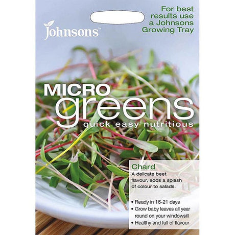 Packaging of Johnsons Micro Greens Chard seeds showing the product name and an image of micro greens, which are small, sprouted leaves with red and green hues.