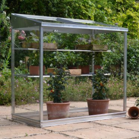 Patio greenhouse aluminium with 2 shelves full of plants