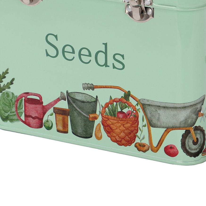 Green container labeled 'Seeds' with gardening-themed illustrations on a white background