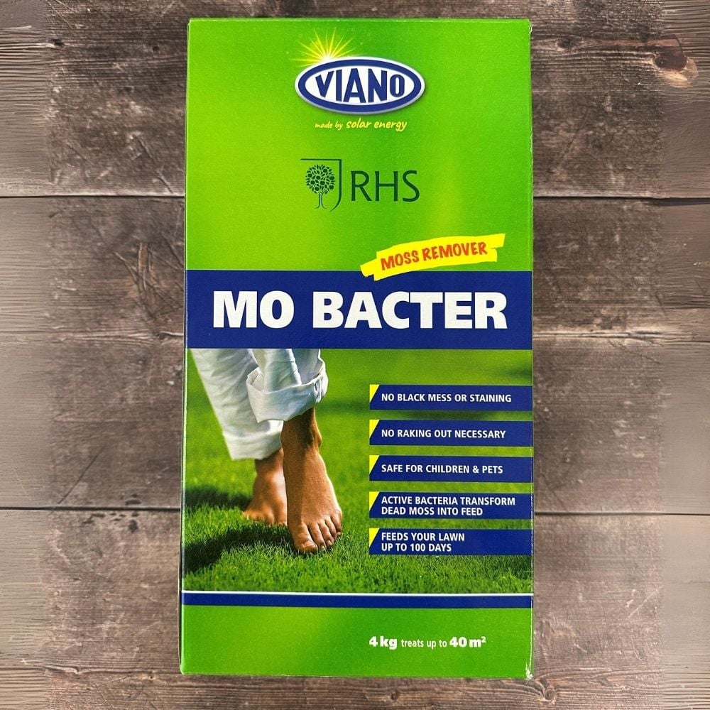 A bag of MO Bacter Organic Lawn Fertiliser and Moss Killer, with branding and product information displayed on the front.
