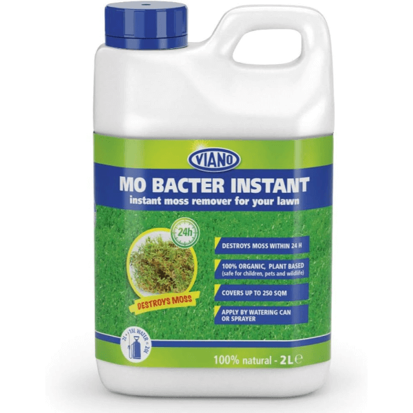 A 2 litre bottle of Mo Bacter Instant moss remover with a label featuring grass.