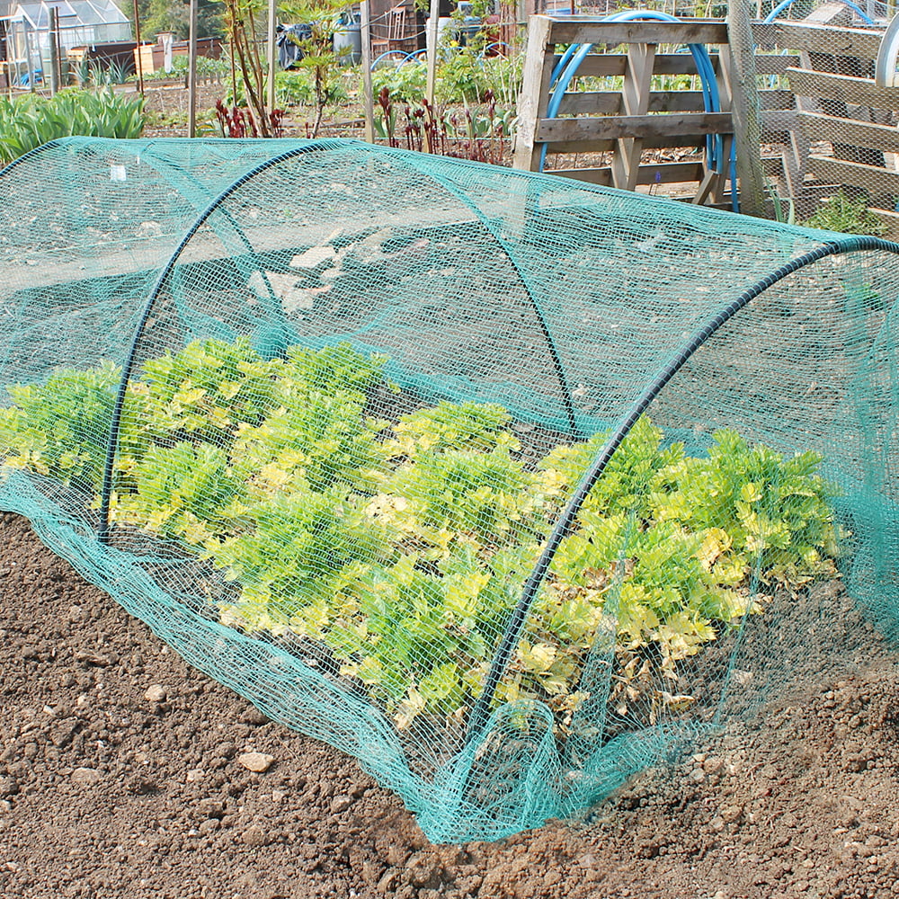A black garden hoop tunnel with green netting, flexible garden hoops