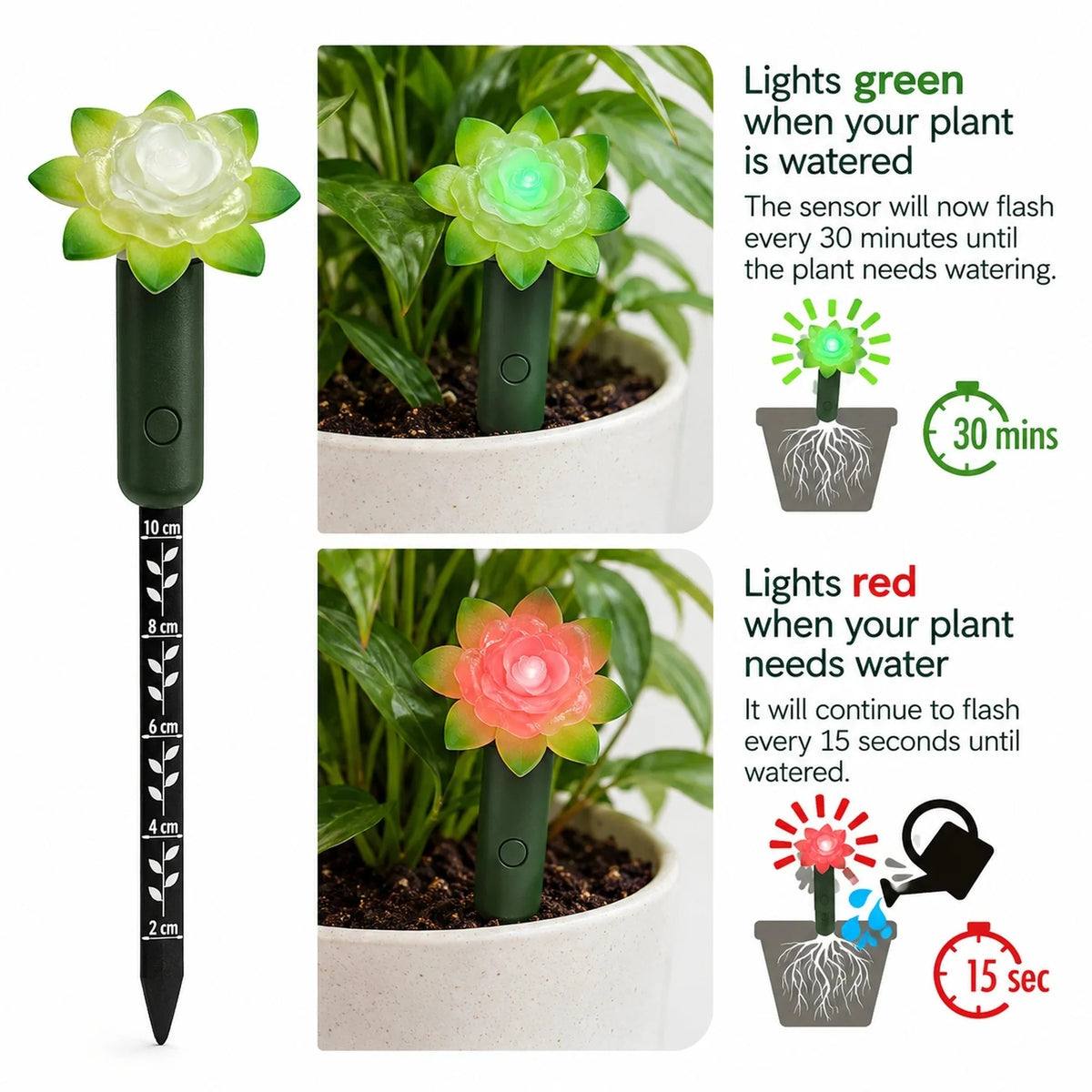 A solar garden stake with a flower-shaped light and depth marker, shown on a white background with two inset lifestyle photos of the stake planted in a pot.