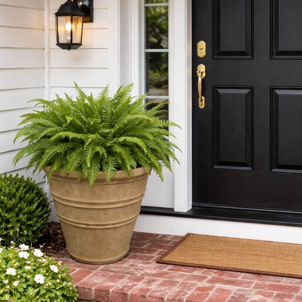 Natural stone coloured flower pot with plant in