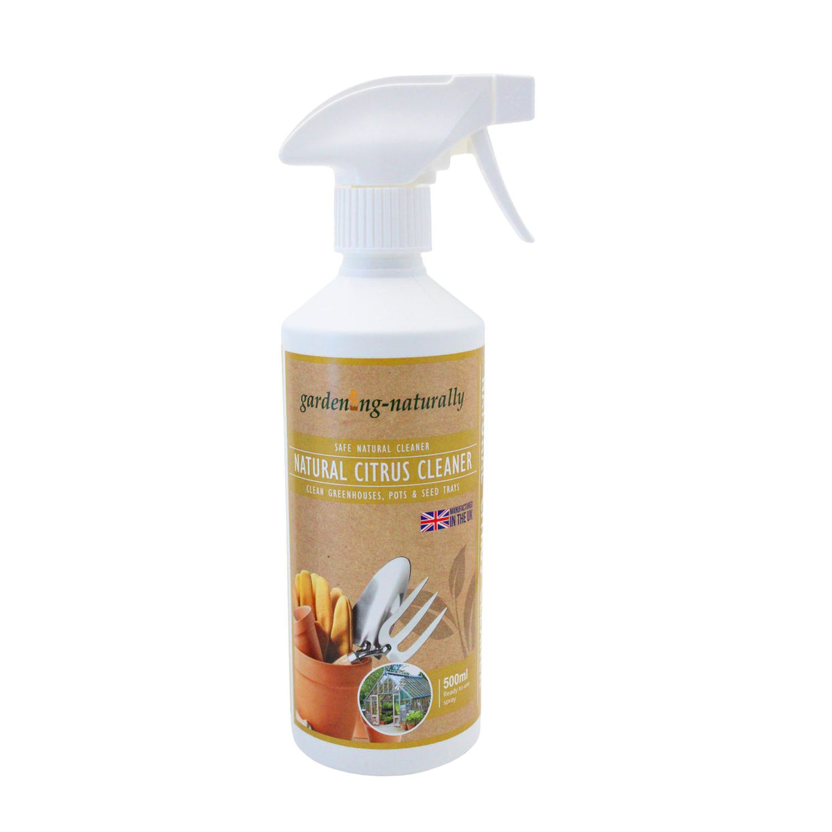 A white spray bottle of gardening naturally Natural Citrus Cleaner with a brown label, shown on a plain white background.