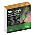 Box of Nemasys natural fruit and vegetable protection nematodes with a hand holding a young plant, logos, and product information.