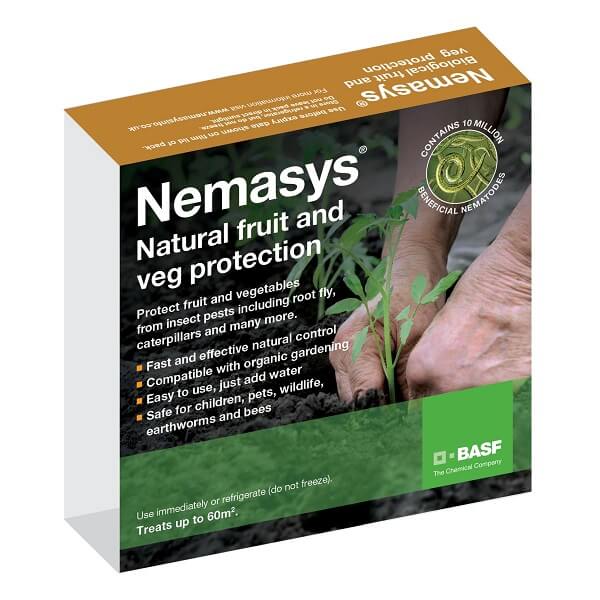 Box of Nemasys natural fruit and vegetable protection nematodes with a hand holding a young plant, logos, and product information.
