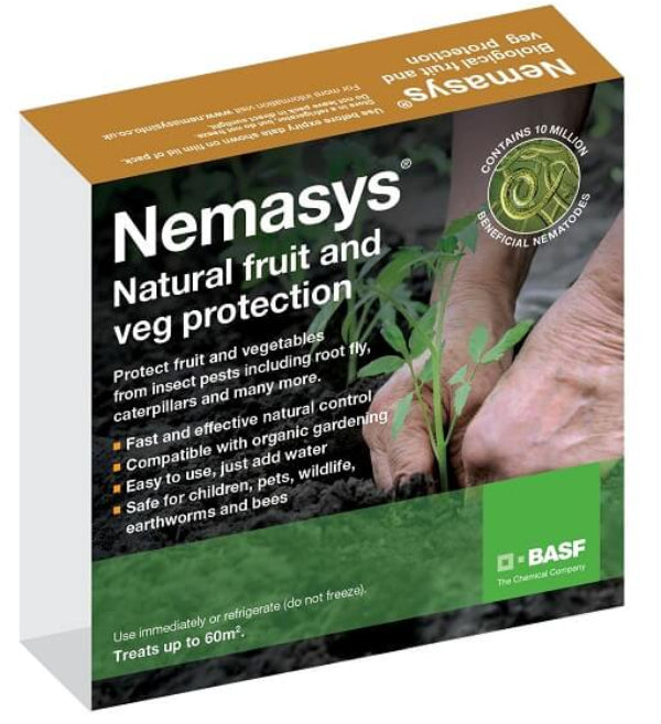Box of Nemasys natural fruit and vegetable protection nematodes with a hand holding a young plant, logos, and product information.