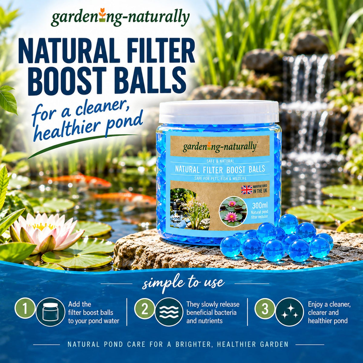 Gardening Naturally Natural Pond Filter Boost Balls shown in a pond with a simple step-by-step guide explaining how to use them.
