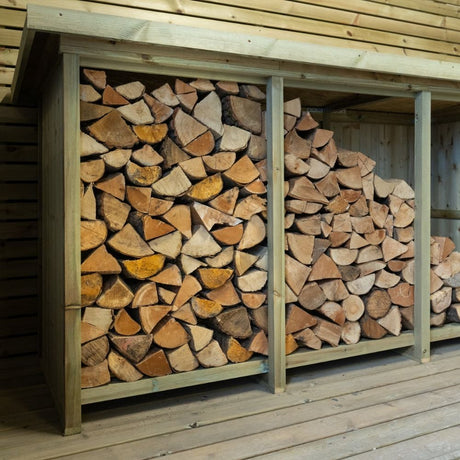 Angled view wooden logs in storage shed