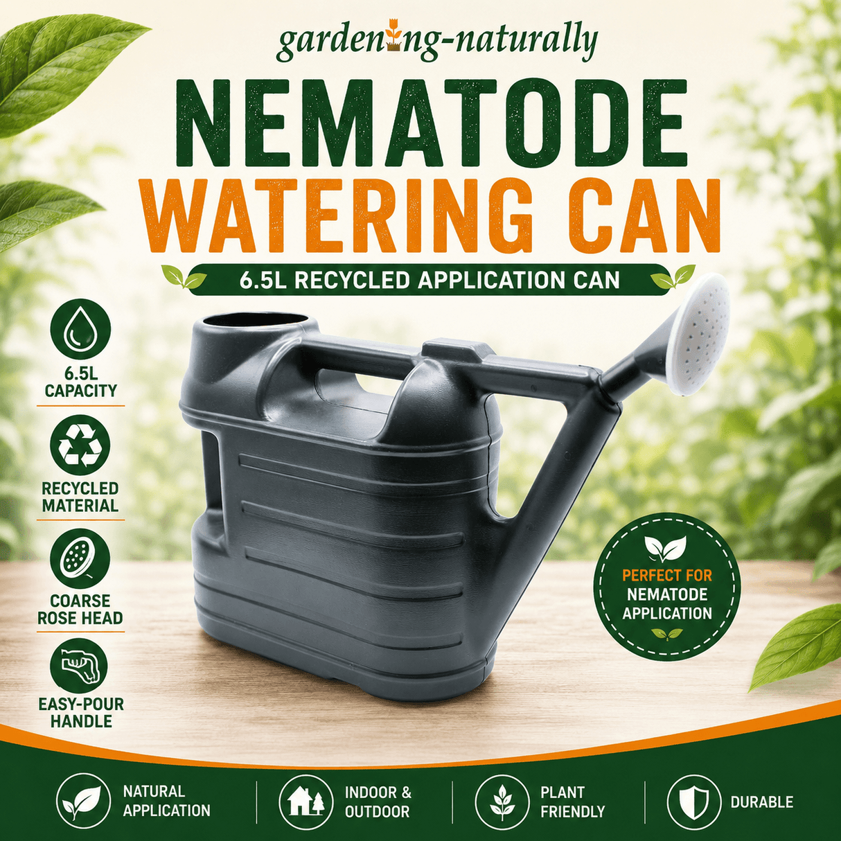 A black recycled plastic nematode watering can with a spout and rose head, shown on a wooden surface with a blurred garden background. The image features promotional text and icons highlighting features like 6.
