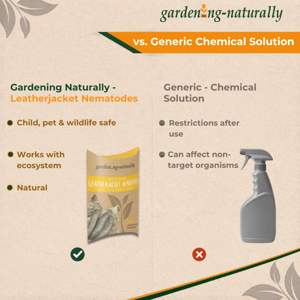 Comparison chart between Gardening Naturally leatherjacket nematodes and a generic chemical solution on a beige background.