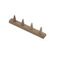 A wooden seed tray dibber with prongs spaced apart on a flat base, used for planting seeds in nursery beds.