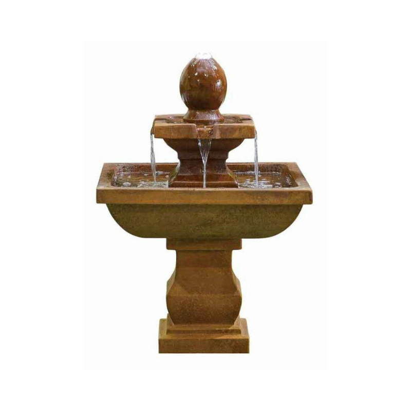A baroque-style outdoor water fountain with a rust finish, featuring a recycled water system and LED lights.