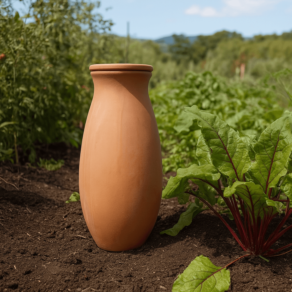 Terracotta water bottle in a garden setting