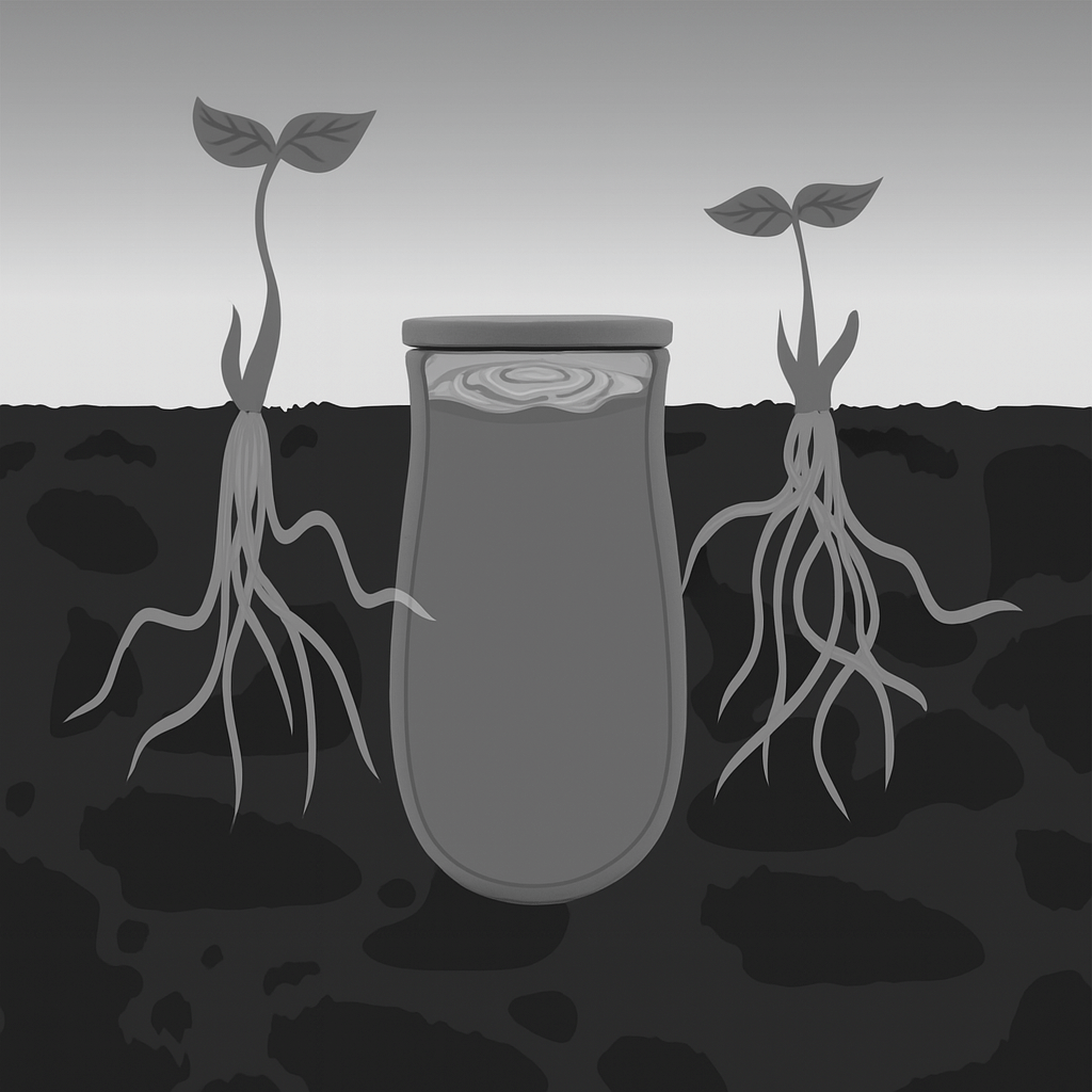 Illustration of a jar with plants growing out of it on a gray background