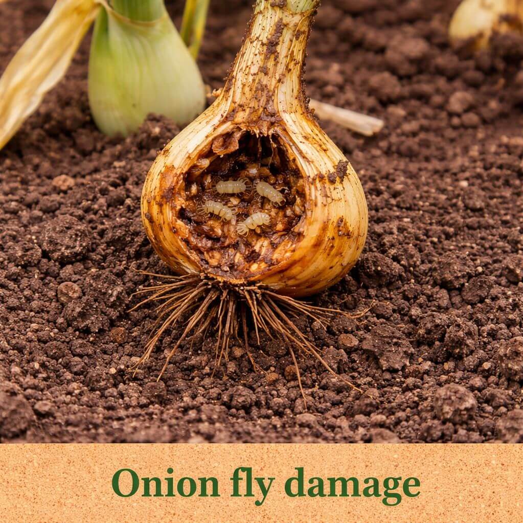 onion with onion fly damage on soil background