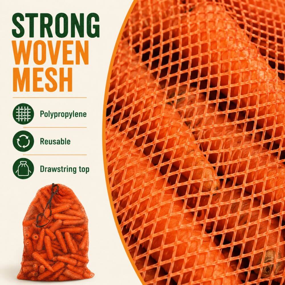 An orange woven mesh drawstring bag filled with small orange cylindrical items, shown on a light beige background with marketing text reading 'STRONG WOVEN MESH' and feature icons for polypropylene, reusable, and drawstring top.