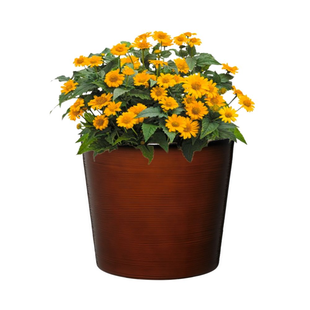 burnt orange garden planter with flowers