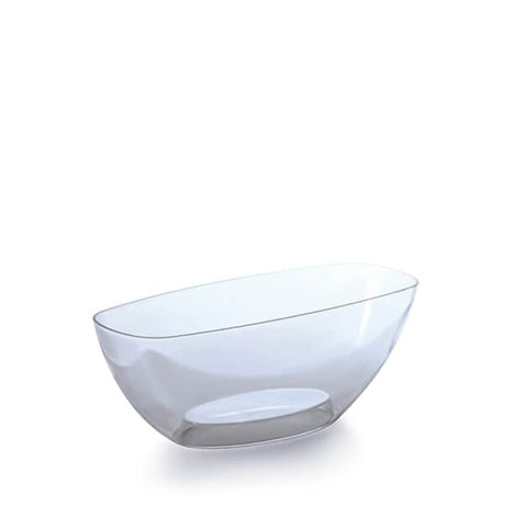 A transparent, oval-shaped glass flower pot designed to look like a bowl.