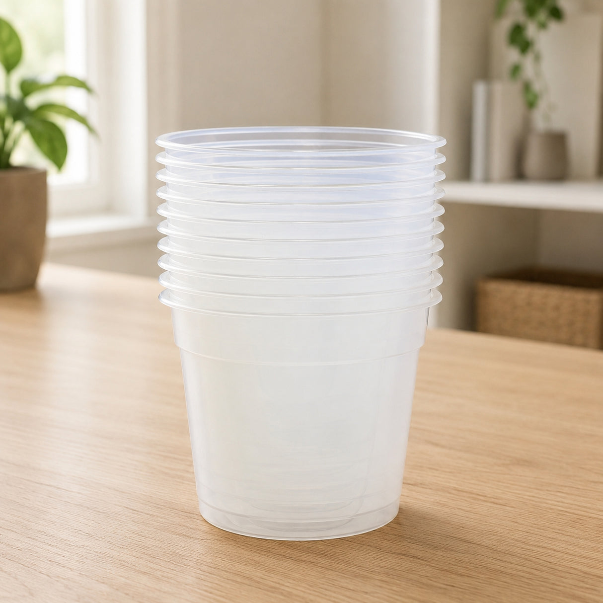 Stack of white plastic cups on a wooden surface with a neutral background