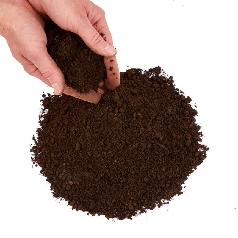 A person's hand holding a clump of brown organic blended topsoil, with more topsoil spread out on a white background.