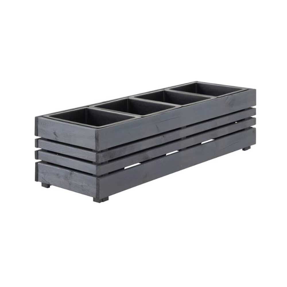 Gray wooden planter box with four compartments on a white background