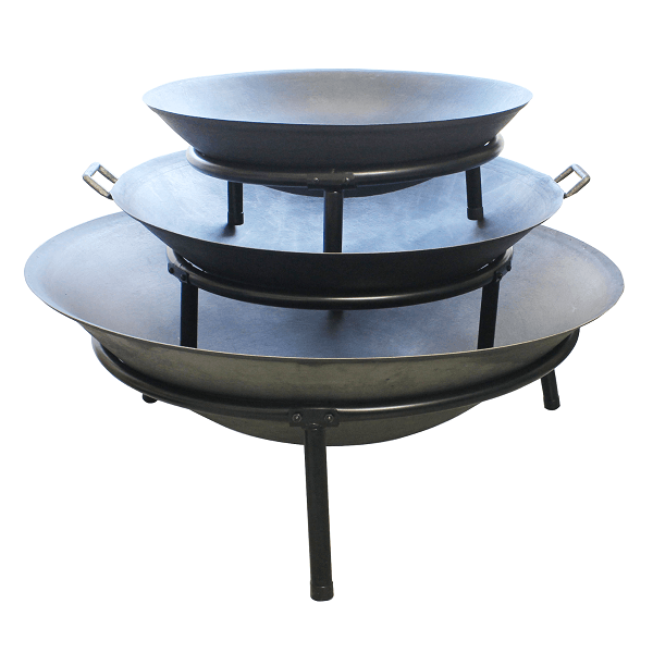 Set of 3 fire pits showing the sizes on a white background