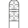 A black metal trellis with a scroll design, designed to fit into garden pots or planters to support climbing plants.