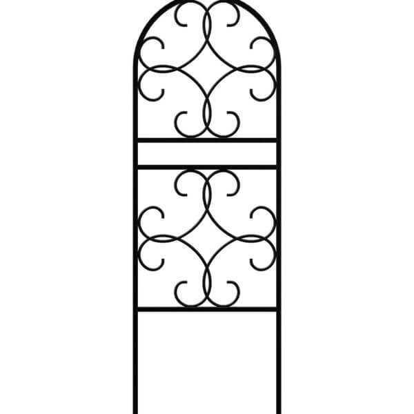 A black metal trellis with a scroll design, designed to fit into garden pots or planters to support climbing plants.