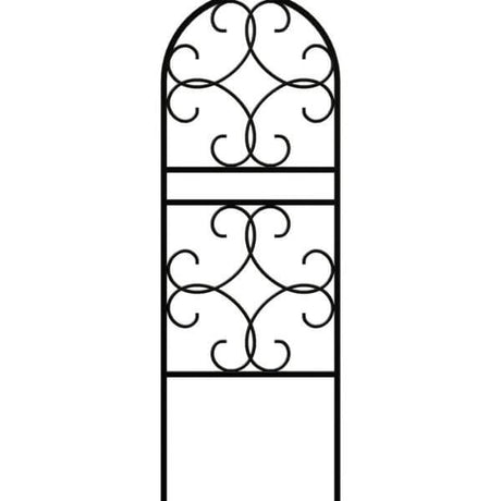 A black metal trellis with a scroll design, designed to fit into garden pots or planters to support climbing plants.