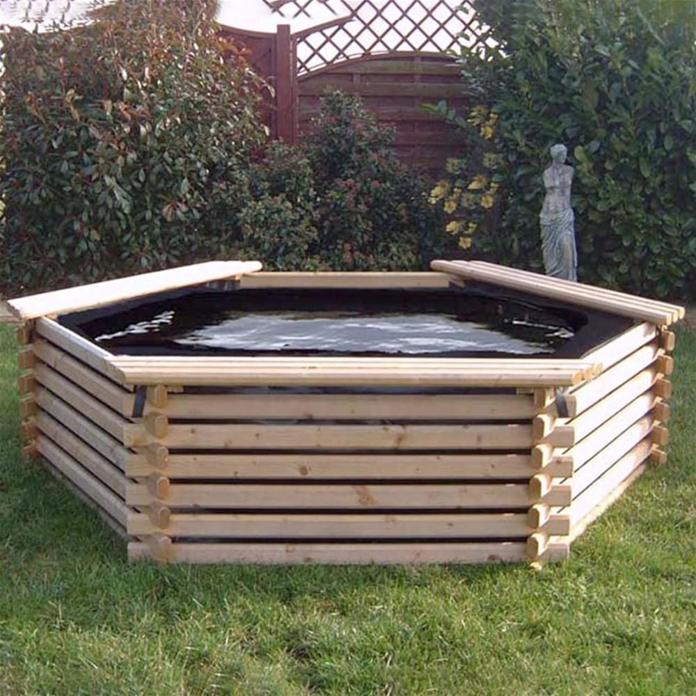 A geometric patio pond made from pressure-treated timber with a visible water feature, situated on a grassy area with plants around it. The text '50 Gallon Pool' is visible on the image.
