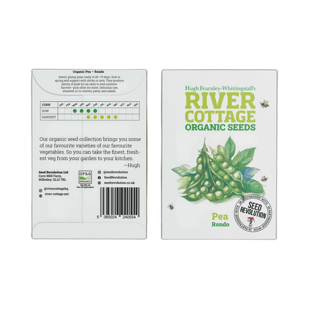 River Cottage Organic Seeds packaging with pea illustration on a white background