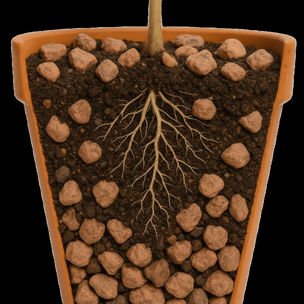 Root system of a plant in a pot with pebbles in soil