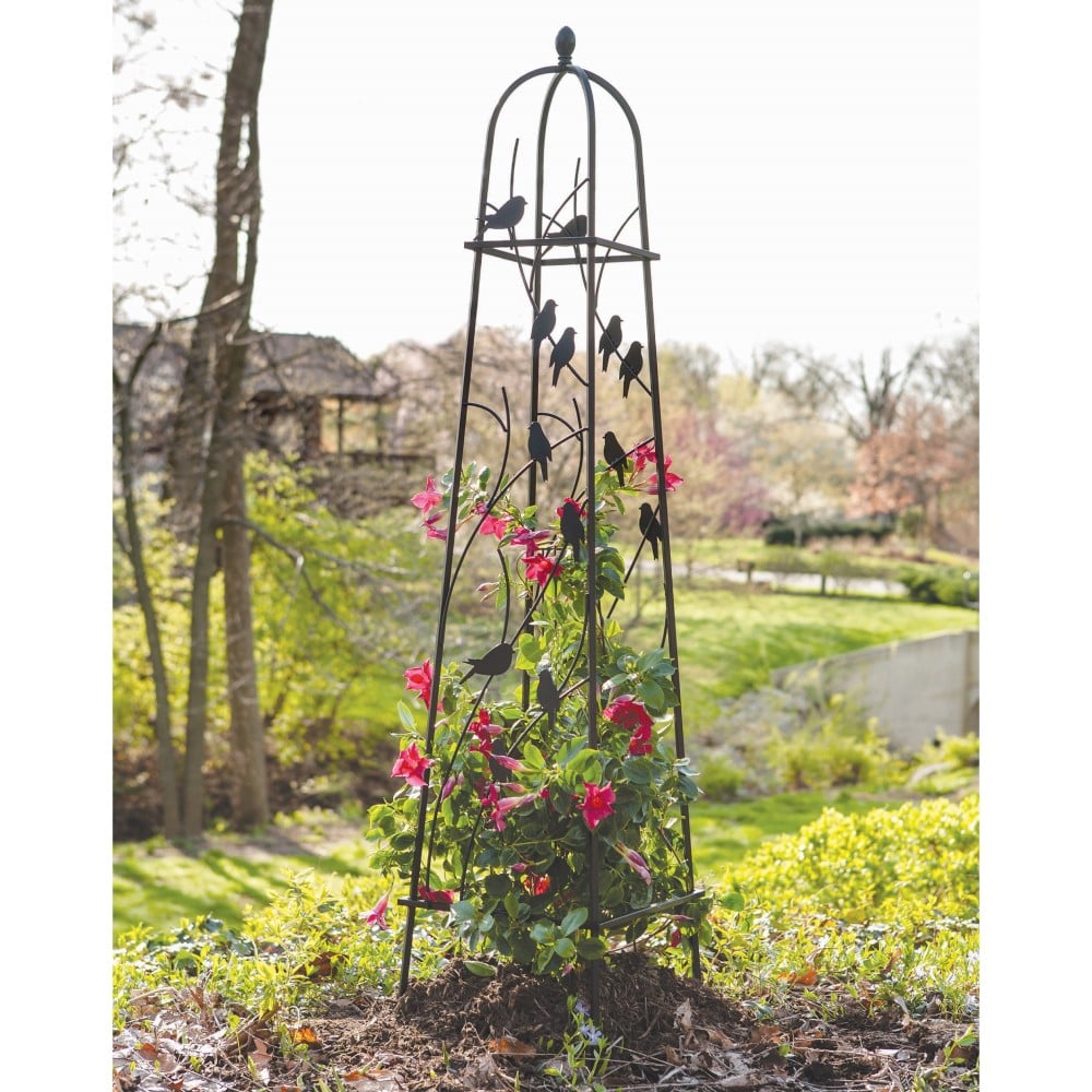 matt black metal garden obelisk with birds perching silhouettes