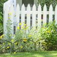 A metal garden border edging with bird silhouettes installed on a garden bed, with yellow flowers and a white picket fence in the background.