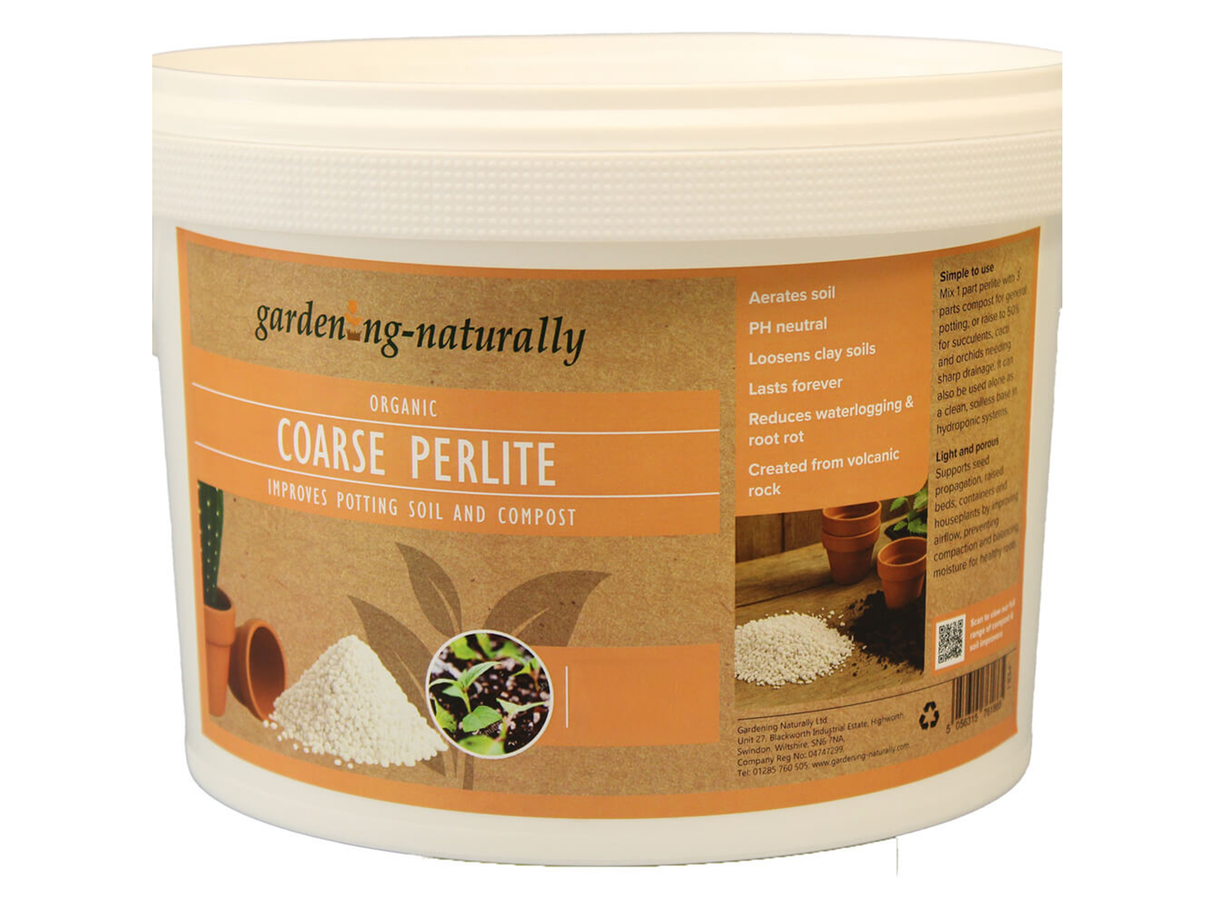 Container of coarse perlite with a label