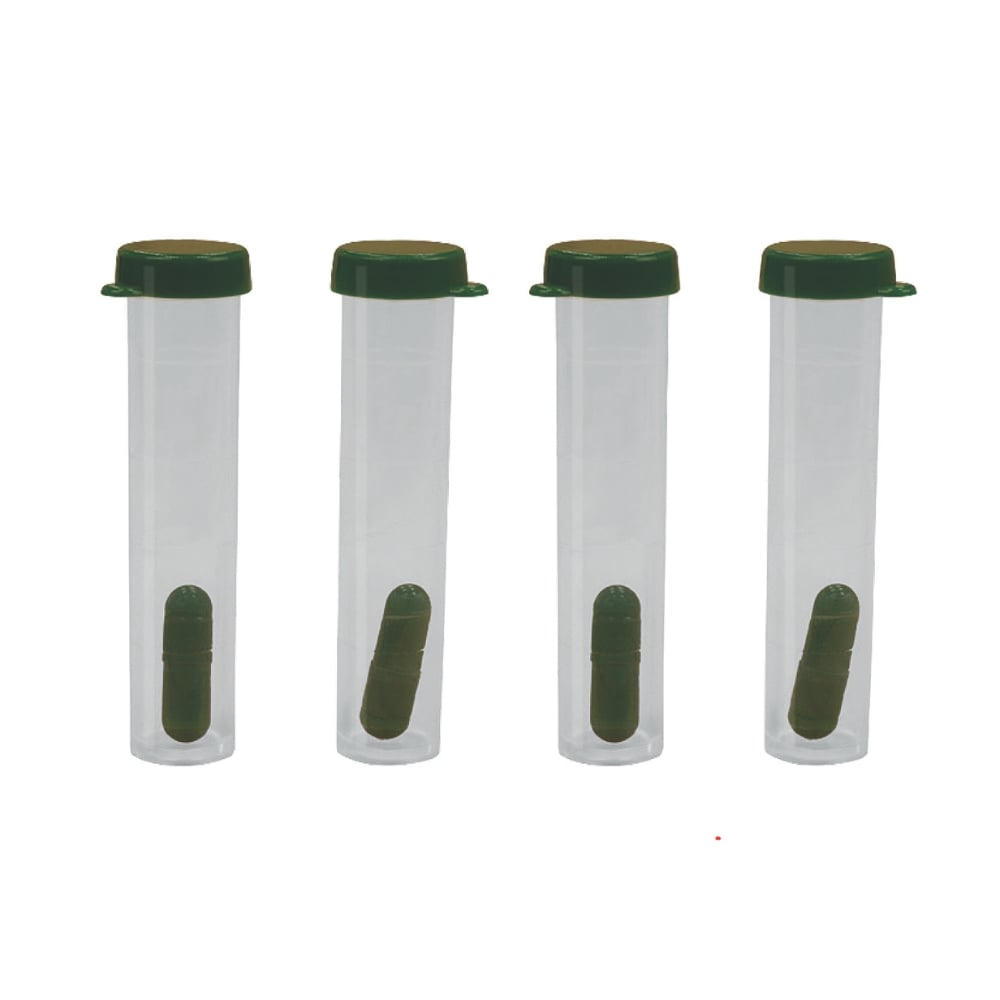 Four test tubes which come with soil testing kit on white background