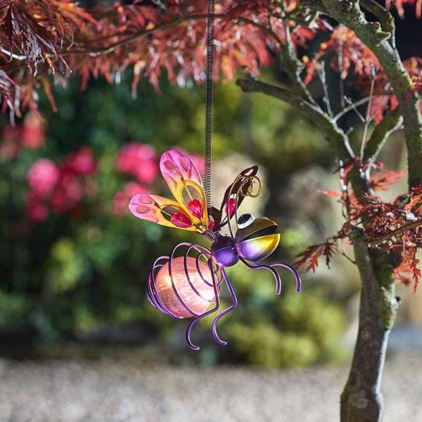 Solar bug light hanging on a tree